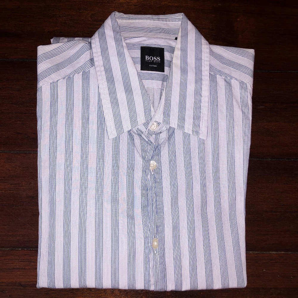 BOSS HUGO BOSS Blue, Light Blue, White Striped Dress Shirt / LATE 90s